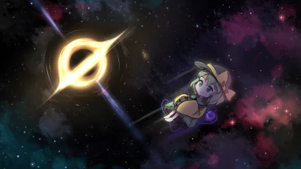 HD PC desktop wallpaper featuring Koishi Komeiji from Touhou — anime-style, floating amid a colorful nebula and starfield, reaching toward a glowing, black‑hole‑like void.