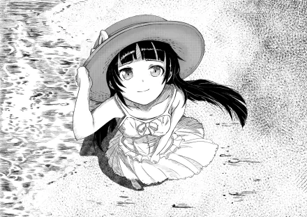 Black and white anime-style HD desktop wallpaper featuring Ruri Gokō from Oreimo, wearing a dress and a wide-brimmed hat, looking up with a gentle smile.