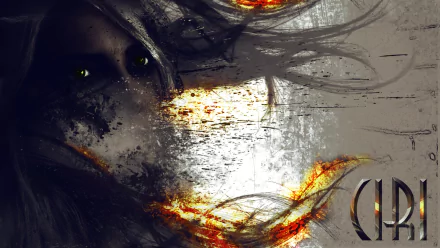 A dark, atmospheric HD wallpaper featuring Ciri from The Witcher 3: Wild Hunt, showcasing her intense gaze against a backdrop of swirling textures and fiery accents.