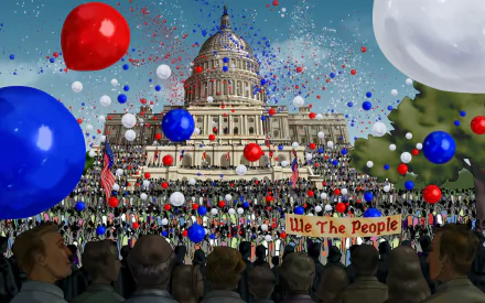 HD desktop wallpaper showing a vibrant 4th of July celebration with red, white, and blue balloons, a large crowd, and the Capitol building in the background.