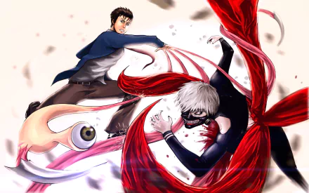 An action-packed HD wallpaper featuring Ken Kaneki from Tokyo Ghoul and Shinichi Izumi from Parasyte -the maxim-, showcasing their intense battle against unique creatures.