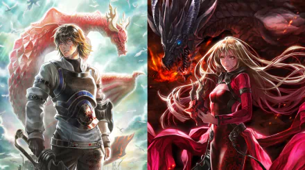 Drakengard HD PC wallpaper: left, short brown-haired armored swordsman with sword and red dragon; right, long blonde in red dress wielding a weapon, dragons with glowing yellow eyes, fantasy scene.