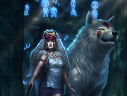 A fierce woman warrior with yellow eyes, wearing a mask, stands confidently beside a wolf in a mystical forest, reminiscent of themes from Princess Mononoke.