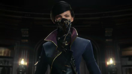 Emily Kaldwin from Dishonored 2 stands confidently, wearing a mask and stylish attire, set against a richly detailed, dark background in this HD PC desktop wallpaper.