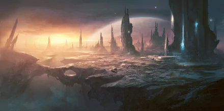 A stunning HD PC desktop wallpaper inspired by the video game Stellaris, showcasing a cosmic landscape with towering structures and a distant planet set against a colorful sunset.