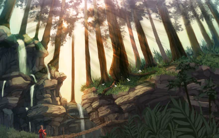 A vibrant anime scene featuring a serene forest with towering trees, cascading waterfalls, and soft sunlight filtering through the foliage. This HD wallpaper captures a tranquil, enchanting atmosphere.