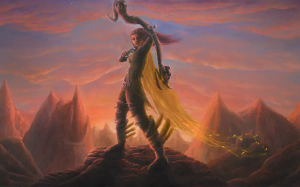 HD PC desktop wallpaper featuring Windranger from DotA 2, standing heroically on a rocky peak against a vivid sunset sky in a video game-inspired scene.