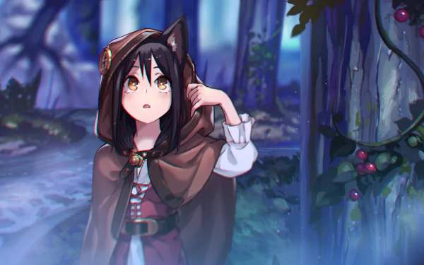 Anime character with animal ears, yellow eyes, and black hair wearing a cloak. The character stands in a misty, magical forest. HD desktop wallpaper and background.