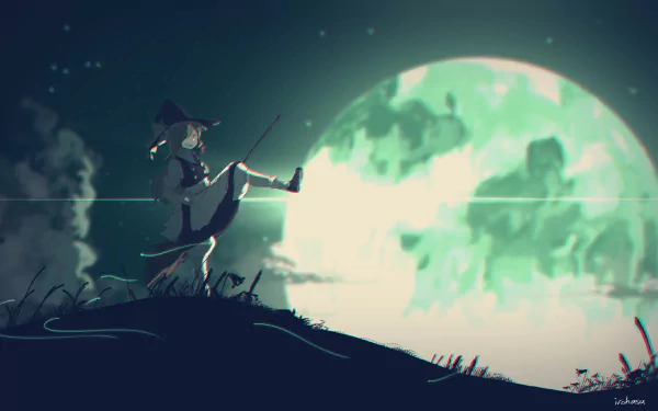 HD anime desktop wallpaper featuring Marisa Kirisame from Touhou sitting on a hill under a large glowing full moon.