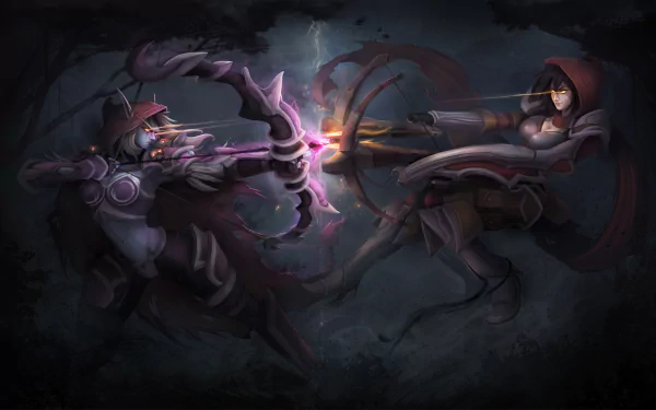 A fierce battle scene featuring Sylvanas Windrunner, a woman warrior from World of Warcraft, armed with a bow, facing a Demon Hunter from Diablo III. Dark and dynamic HD wallpaper.