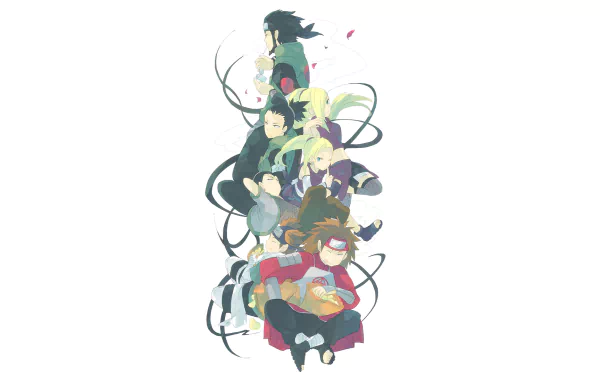 HD wallpaper featuring characters Ino Yamanaka, Asuma Sarutobi, Shikamaru Nara, and Chōji Akimichi from the anime Naruto, creatively arranged with dynamic lines and colorful details.