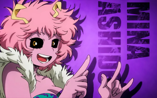 HD desktop wallpaper featuring Mina Ashido from My Hero Academia, with a vibrant purple background and her name prominently displayed.