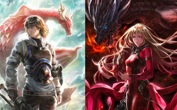 Drakengard HD PC wallpaper: left, short brown-haired armored swordsman with sword and red dragon; right, long blonde in red dress wielding a weapon, dragons with glowing yellow eyes, fantasy scene.