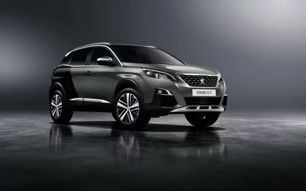 Silver Peugeot 3008 SUV displayed in a sleek, modern setting with reflective floor, showcased as a 4K Ultra HD desktop wallpaper and background.