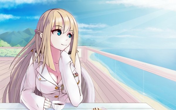 Anime Original Uniform Long Hair Blonde Beach Sea Blue Eyes HD Wallpaper | Background Image