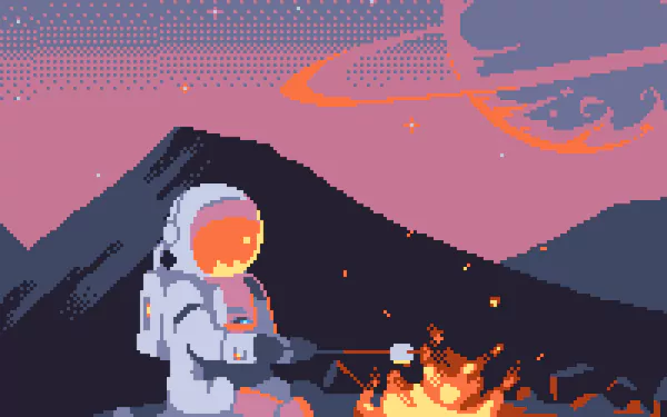 An 8-bit pixel art HD wallpaper featuring an astronaut in a spacesuit roasting marshmallows over a campfire, set against a mountainous landscape with a planet and stars in the sky.