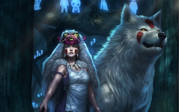 Anime Princess Mononoke Forest Wolf Creature Woman Warrior Mask Yellow Eyes HD Wallpaper | Background Image