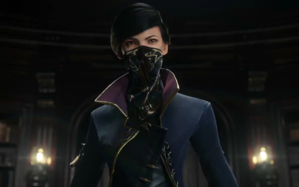 Emily Kaldwin from Dishonored 2 stands confidently, wearing a mask and stylish attire, set against a richly detailed, dark background in this HD PC desktop wallpaper.