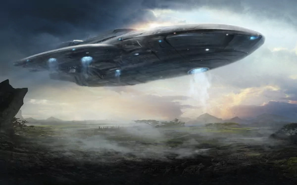 A futuristic spaceship hovers above a misty landscape, showcasing stunning art inspired by the video game Stellaris. This HD wallpaper captivates with its otherworldly atmosphere.