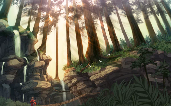 A vibrant anime scene featuring a serene forest with towering trees, cascading waterfalls, and soft sunlight filtering through the foliage. This HD wallpaper captures a tranquil, enchanting atmosphere.