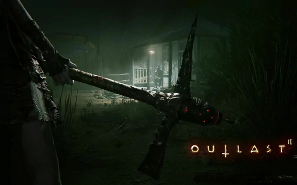 A chilling HD wallpaper from Outlast 2 features a character holding a menacing weapon, set against a dark, atmospheric backdrop with a faintly illuminated building.