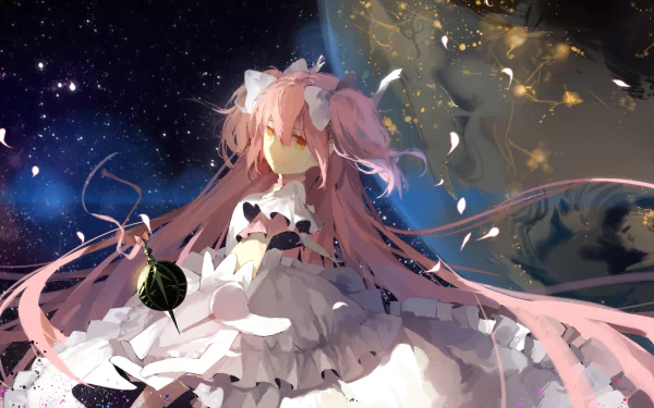 HD desktop wallpaper featuring Ultimate Madoka from Puella Magi Madoka Magica, with flowing pink hair and an ethereal cosmic background.