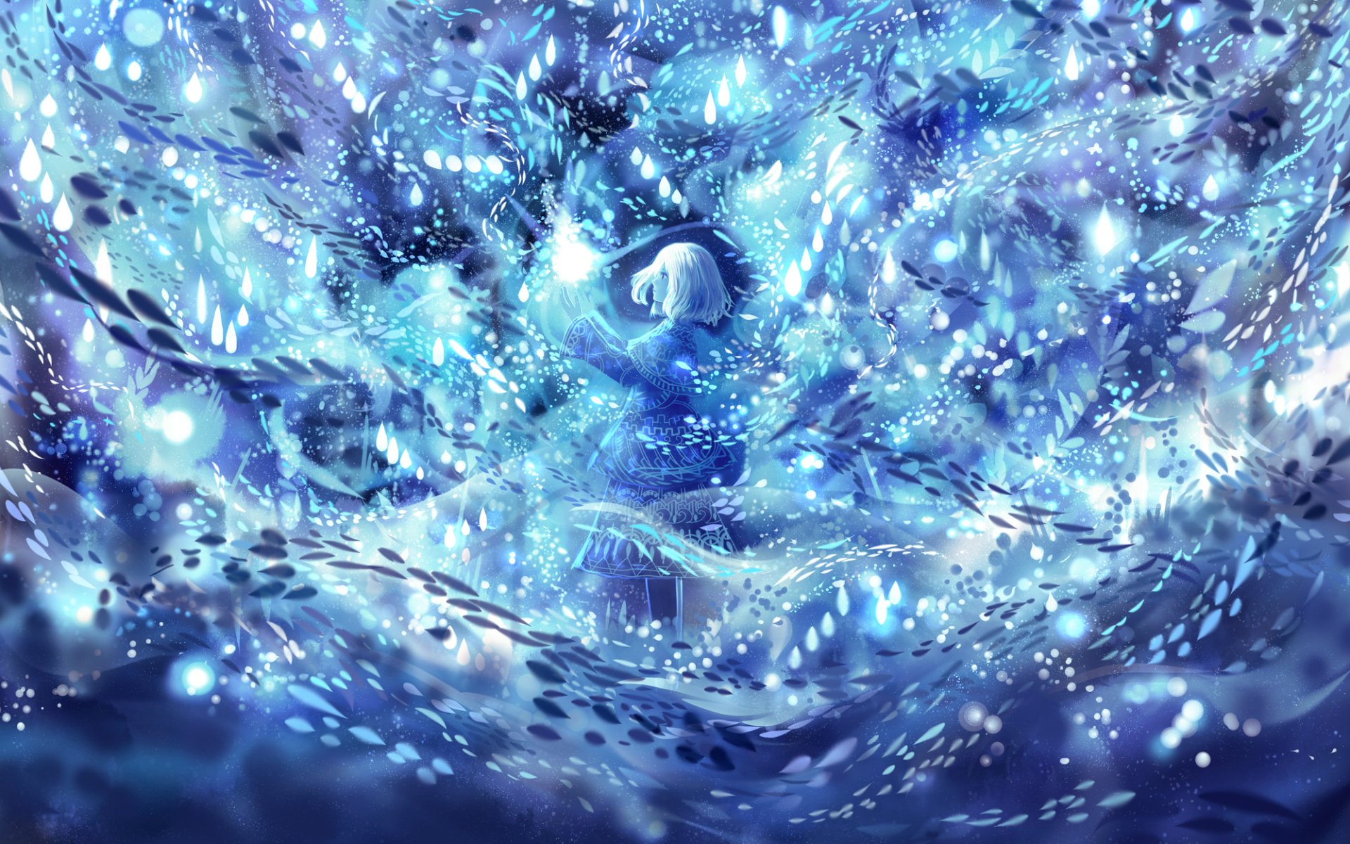 A vibrant blue anime-inspired HD desktop wallpaper featuring swirling patterns and ethereal light, creating a mesmerizing and artistic visual experience.