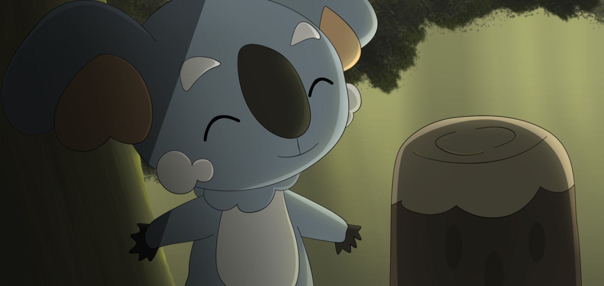 HD PC desktop wallpaper featuring Komala from Pokémon Sun and Moon: smiling koala-like Pokémon by a stump in a sunlit forest, Pokémon video game background.