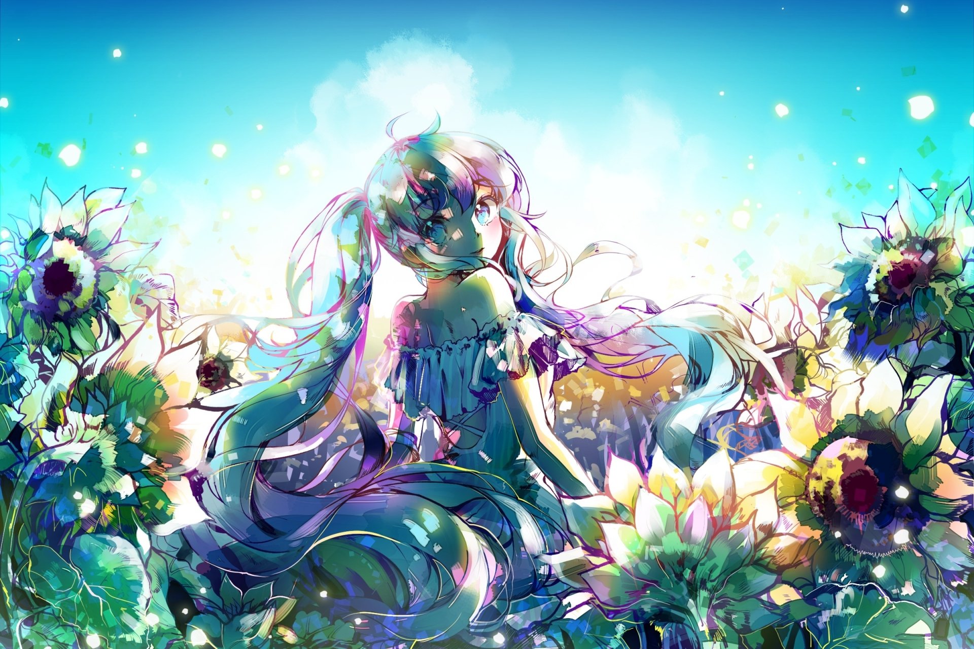 A vibrant HD wallpaper featuring Hatsune Miku with aqua eyes and long twintails, smiling amidst a field of sunflowers, capturing an enchanting anime atmosphere.