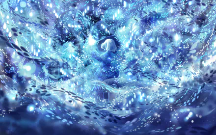 A vibrant blue anime-inspired HD desktop wallpaper featuring swirling patterns and ethereal light, creating a mesmerizing and artistic visual experience.