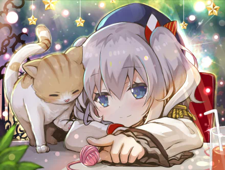 Kashima from Kantai Collection relaxes with a cat in a whimsical, colorful scene. This HD desktop wallpaper captures the charm of anime aesthetics beautifully.