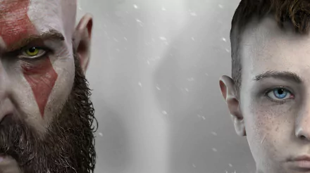 HD desktop wallpaper featuring Kratos and Atreus from the video game God of War (2018), showcasing intense close-ups of both characters' faces against a soft, neutral background.
