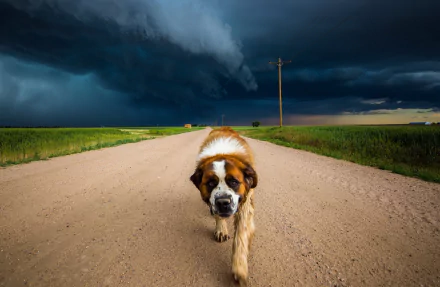 HD desktop wallpaper: a dog walks toward the viewer on a dirt road through an open landscape with dark storm clouds rolling in along the horizon.
