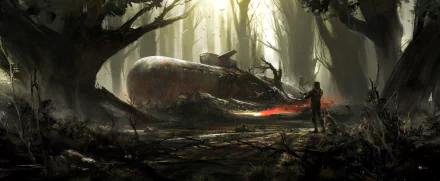 A soldier stands amidst a dense forest, exploring a submerged submarine in a post-apocalyptic setting. The scene captures a haunting blend of nature and lost technology.