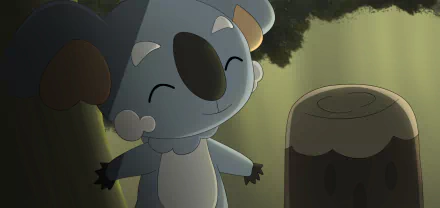 HD PC desktop wallpaper featuring Komala from Pokémon Sun and Moon: smiling koala-like Pokémon by a stump in a sunlit forest, Pokémon video game background.