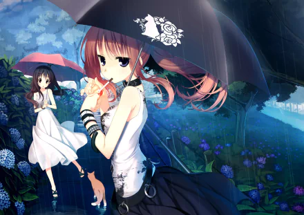 Anime-style HD original desktop wallpaper featuring two girls with umbrellas in a lush, rainy garden setting under a moody sky.