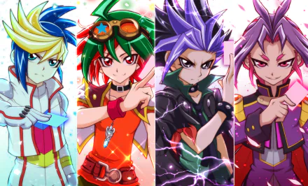 Vibrant HD wallpaper featuring Yu-Gi-Oh! Arc-V characters: Yuri, Yugo, Yuto, and Yuya Sakaki, showcasing their distinct styles and dynamic poses against a colorful background.