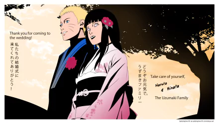 A vibrant HD wallpaper featuring Naruto Uzumaki and Hinata Hyuga, celebrating their wedding with a heartfelt message. The scene is set against a beautiful, stylized background.