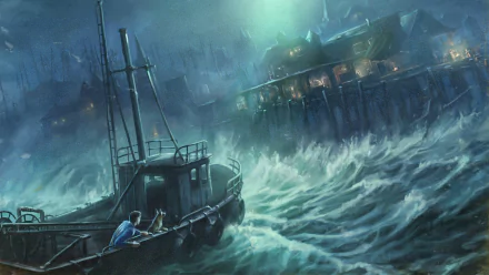 A dramatic scene from Fallout 4: Far Harbor, featuring a boat navigating turbulent waters with a distant, illuminated structure on the shore, capturing the game's eerie atmosphere.