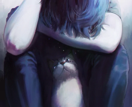 Anime HD desktop wallpaper featuring a tearful character with blue hair, sitting down and hugging their knees, accompanied by a white and grey cat looking up.