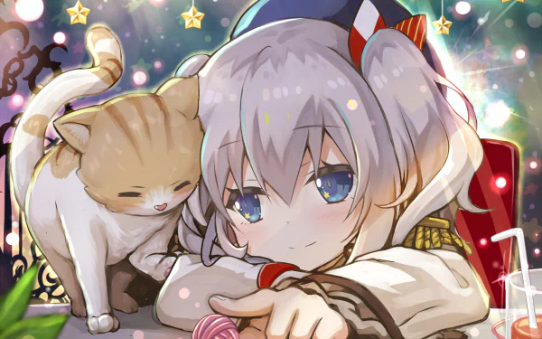 Kashima from Kantai Collection relaxes with a cat in a whimsical, colorful scene. This HD desktop wallpaper captures the charm of anime aesthetics beautifully.