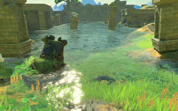 A vibrant 4K Ultra HD wallpaper from The Legend of Zelda: Breath of the Wild, showcasing serene waters and lush greenery among ancient ruins.