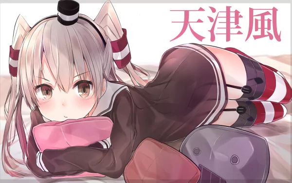 A vibrant HD wallpaper featuring Amatsukaze from Kancolle, showcasing her playful pose with a soft background, blending anime charm with intricate details.