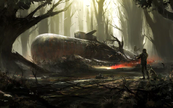 A soldier stands amidst a dense forest, exploring a submerged submarine in a post-apocalyptic setting. The scene captures a haunting blend of nature and lost technology.