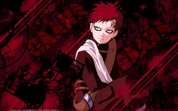 Gaara from Naruto stands confidently against a striking red and black background. This HD wallpaper captures the essence of the character in a dramatic anime style.