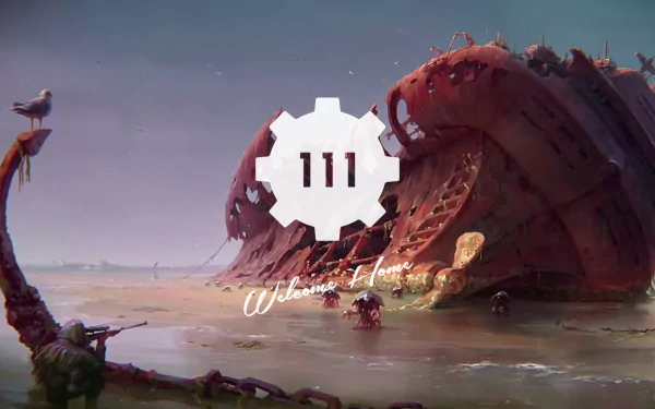 A captivating HD wallpaper featuring Vault 111 from Fallout 4, showcasing a post-apocalyptic landscape with remnants of a giant structure. The artwork invites players into the game's world.