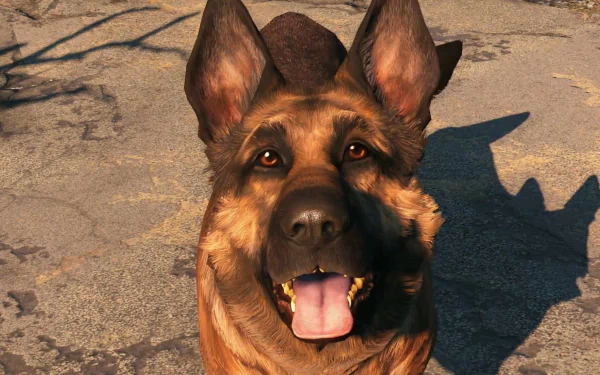 A vibrant HD wallpaper of Dogmeat from Fallout 4, showcasing the loyal canine companion with a cheerful expression and detailed fur against a textured background.