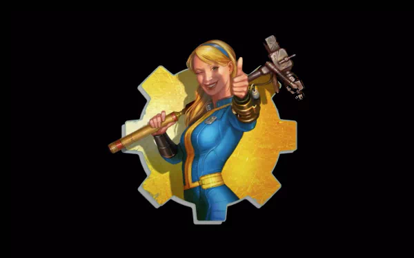 An illustrated character from Fallout 4: Vault-Tec Workshop smiling and giving a thumbs-up, holding a wrench, set against a stylized gear background, designed for HD PC wallpaper.