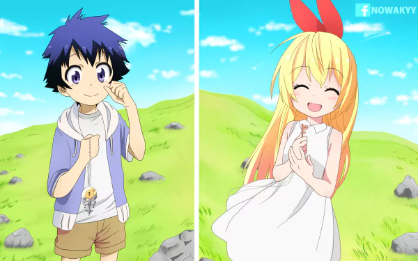 Raku Ichijō and Chitoge Kirisaki from the anime Nisekoi are depicted against a bright, colorful landscape in this HD desktop wallpaper.