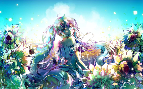 A vibrant HD wallpaper featuring Hatsune Miku with aqua eyes and long twintails, smiling amidst a field of sunflowers, capturing an enchanting anime atmosphere.